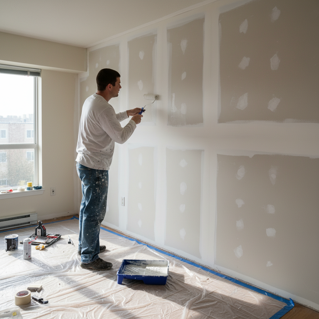 Primer being rolled on repaired apartment wall to prevent flashing before repainting