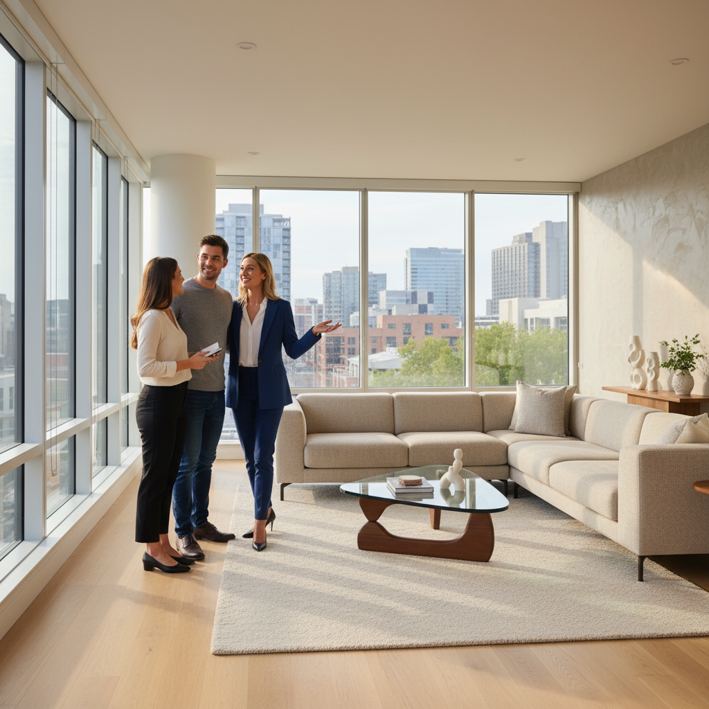 Realtor guiding buyers through a Surrey condo living room, demonstrating the step-by-step buying process and due diligence conversation