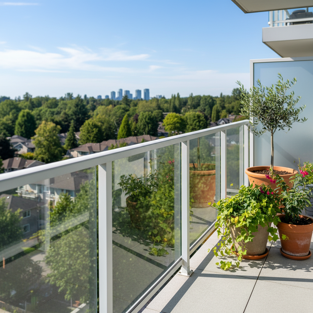 Close-up of a Surrey condo balcony with glass railing and greenery, illustrating livability checks like exposure, privacy, and material quality