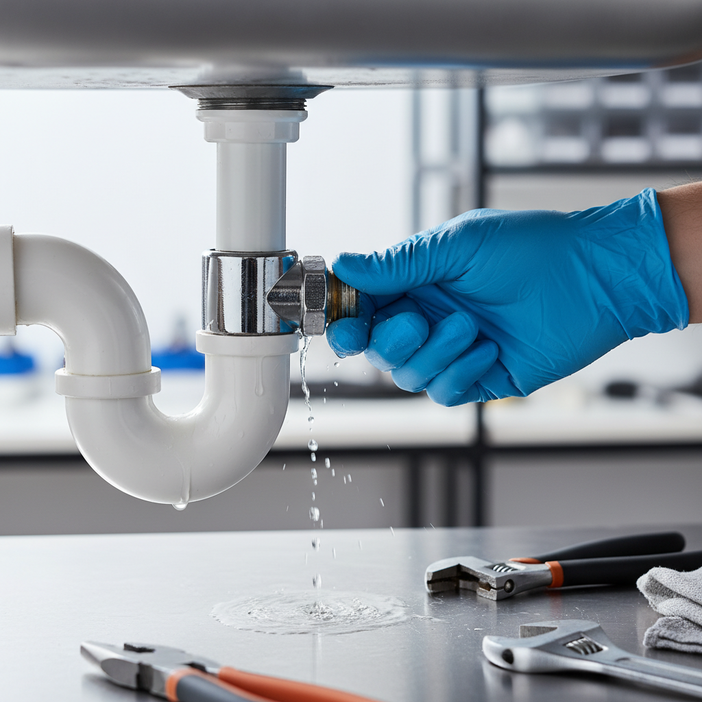 Close-up of a Dubai plumber tightening an under-sink P-trap leak, professional plumbing repair detail