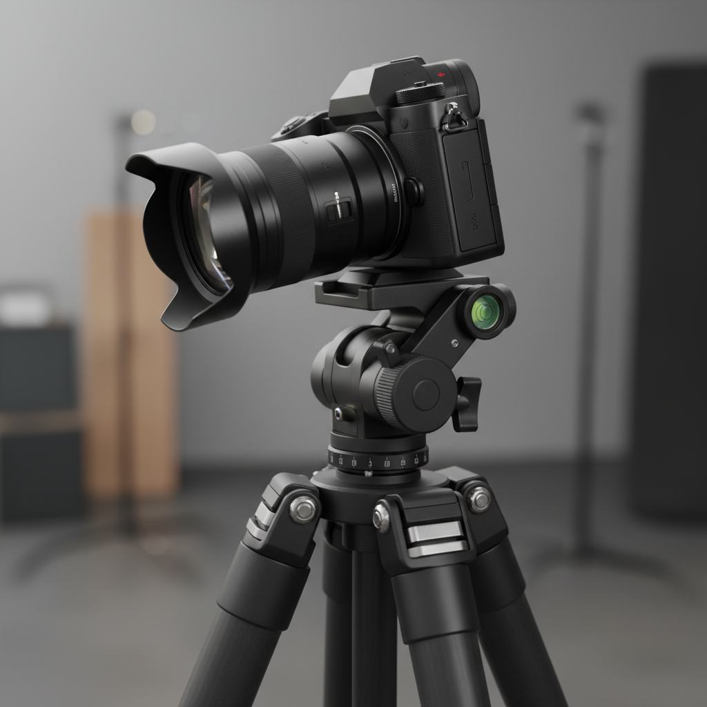 Close-up of tripod head tilting for a precise high-angle real estate photography setup