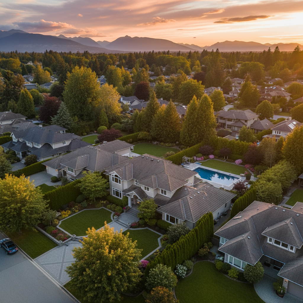 Drone oblique angle at golden hour showing rooflines and lot context in Greater Vancouver