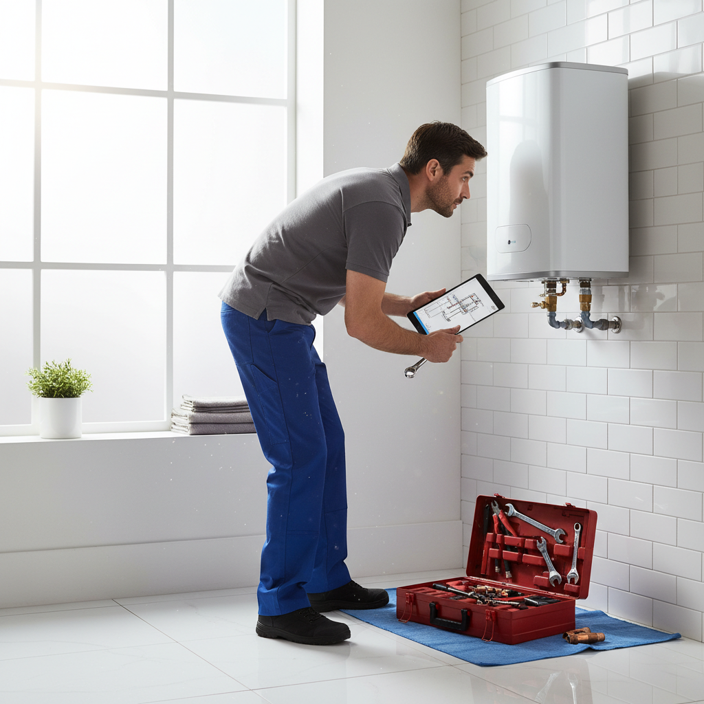 Plumber inspecting a wall-mounted water heater in a bright Dubai bathroom, professional maintenance check