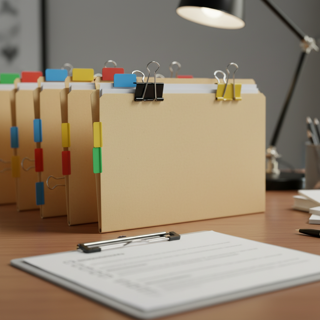 Organized startup grant application checklist with color-coded folders and supporting documents, showing compliance-first preparation