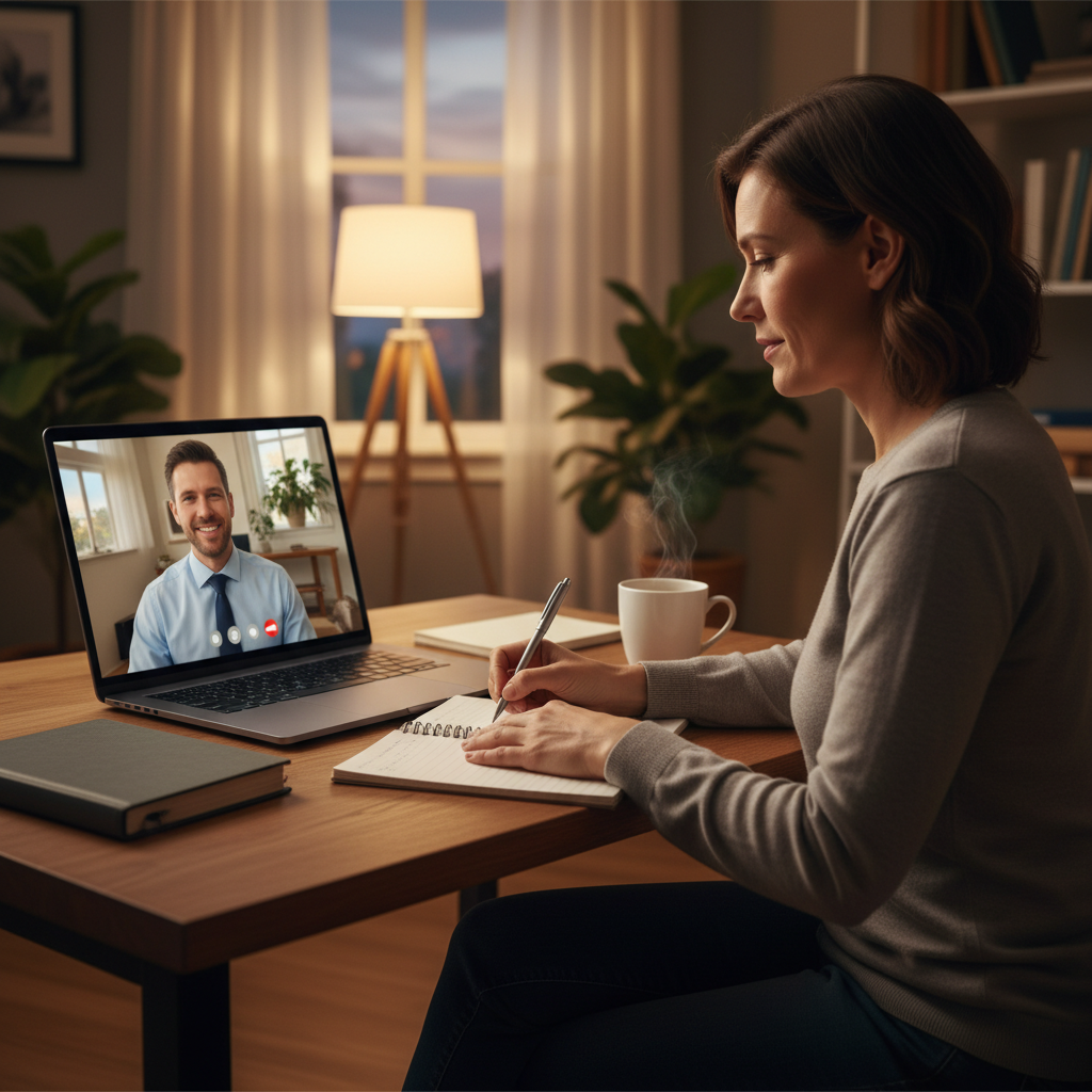 Homeowner on a video call with a mortgage broker, taking notes during a home loan strategy session