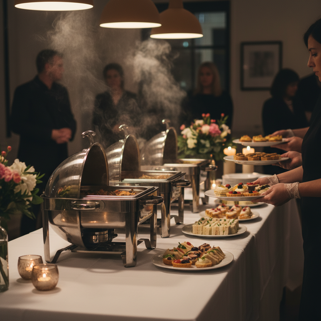 Discreet buffet service for a Toronto celebration of life with warm chafing dishes and respectful setup
