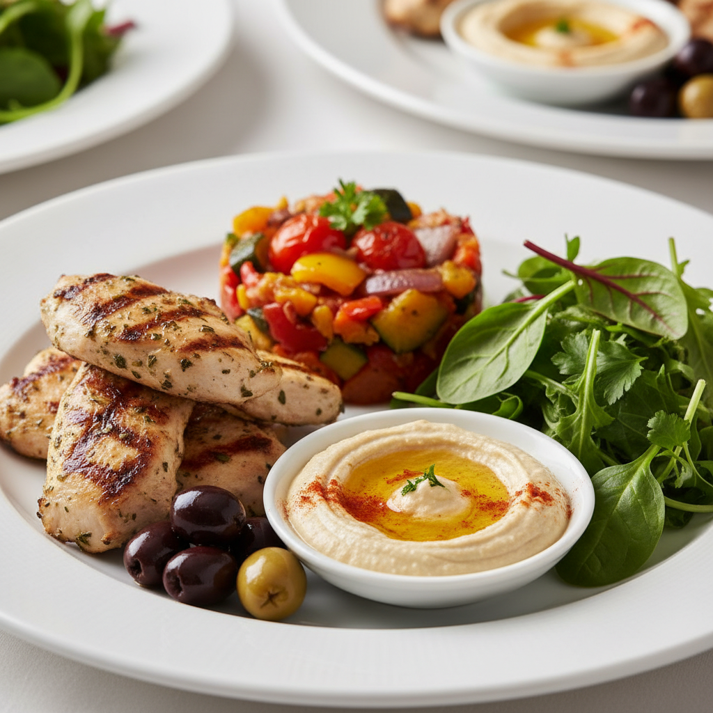 Close-up of individually plated Mediterranean mezze for funeral catering Toronto with grilled chicken, roasted vegetables, hummus, and greens