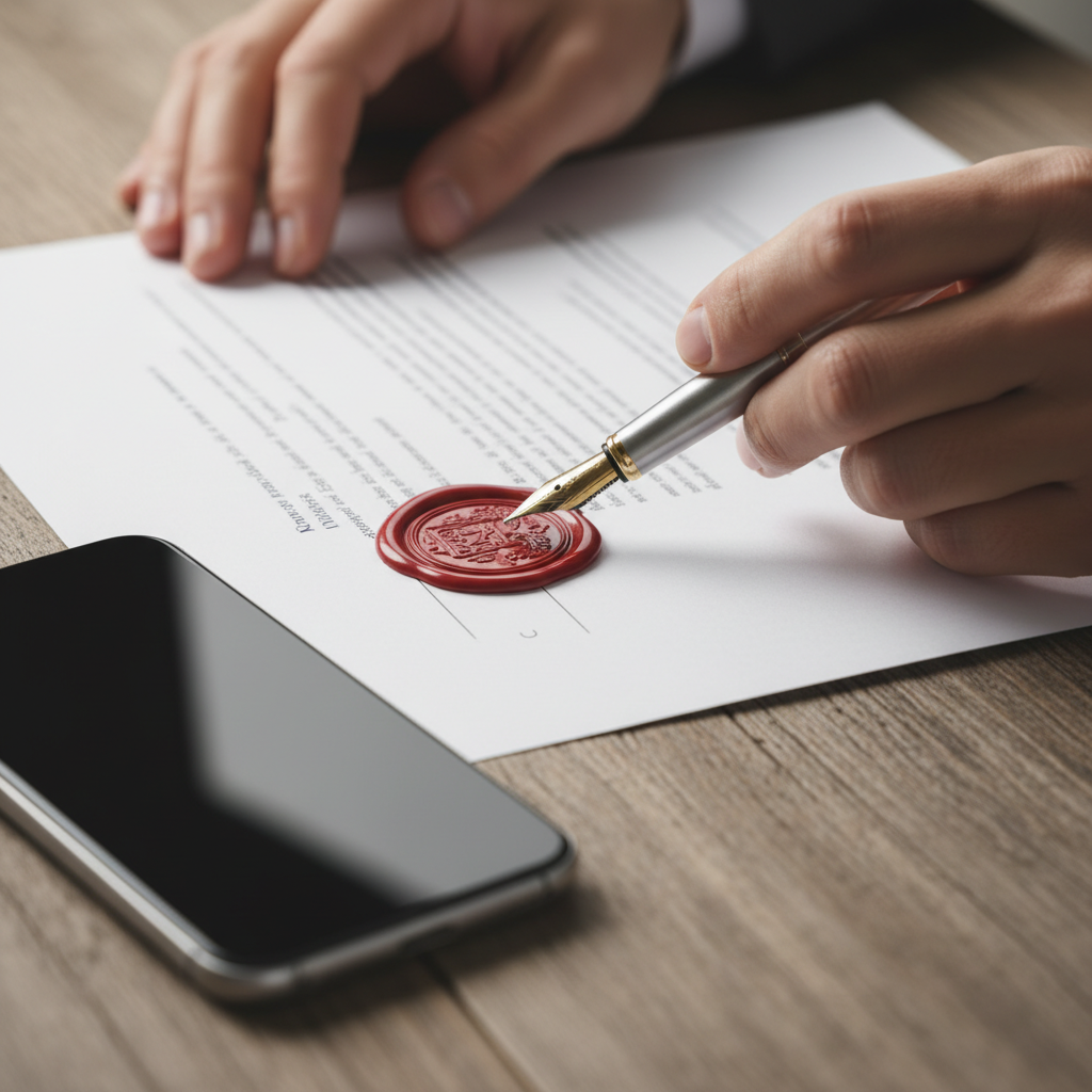 Close-up of notarized documents and legal review tools for free lawyer advice in Ontario