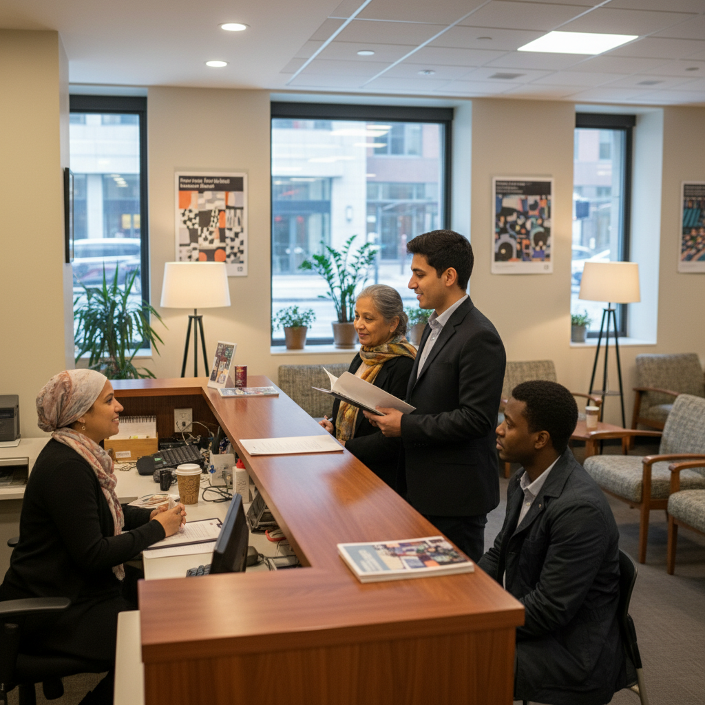 Community legal clinic reception scene in Toronto complementing free lawyer advice pathways