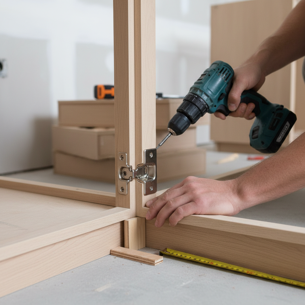 Close-up of apartment kitchen cabinet installation with soft-close hinges during full kitchen renovation for apartment units