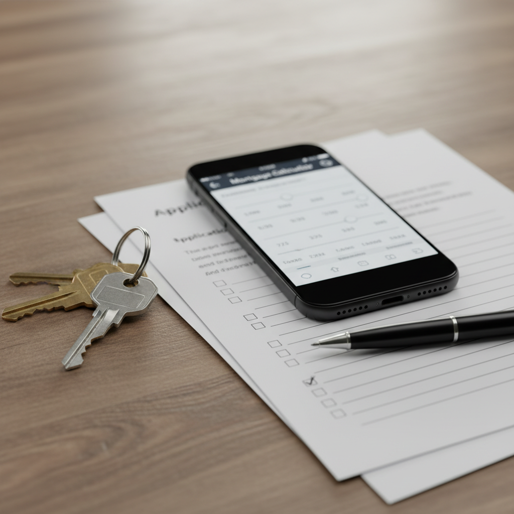 Close-up of house keys beside a phone showing a mortgage calculator and application documents, illustrating home loan comparison and repayments