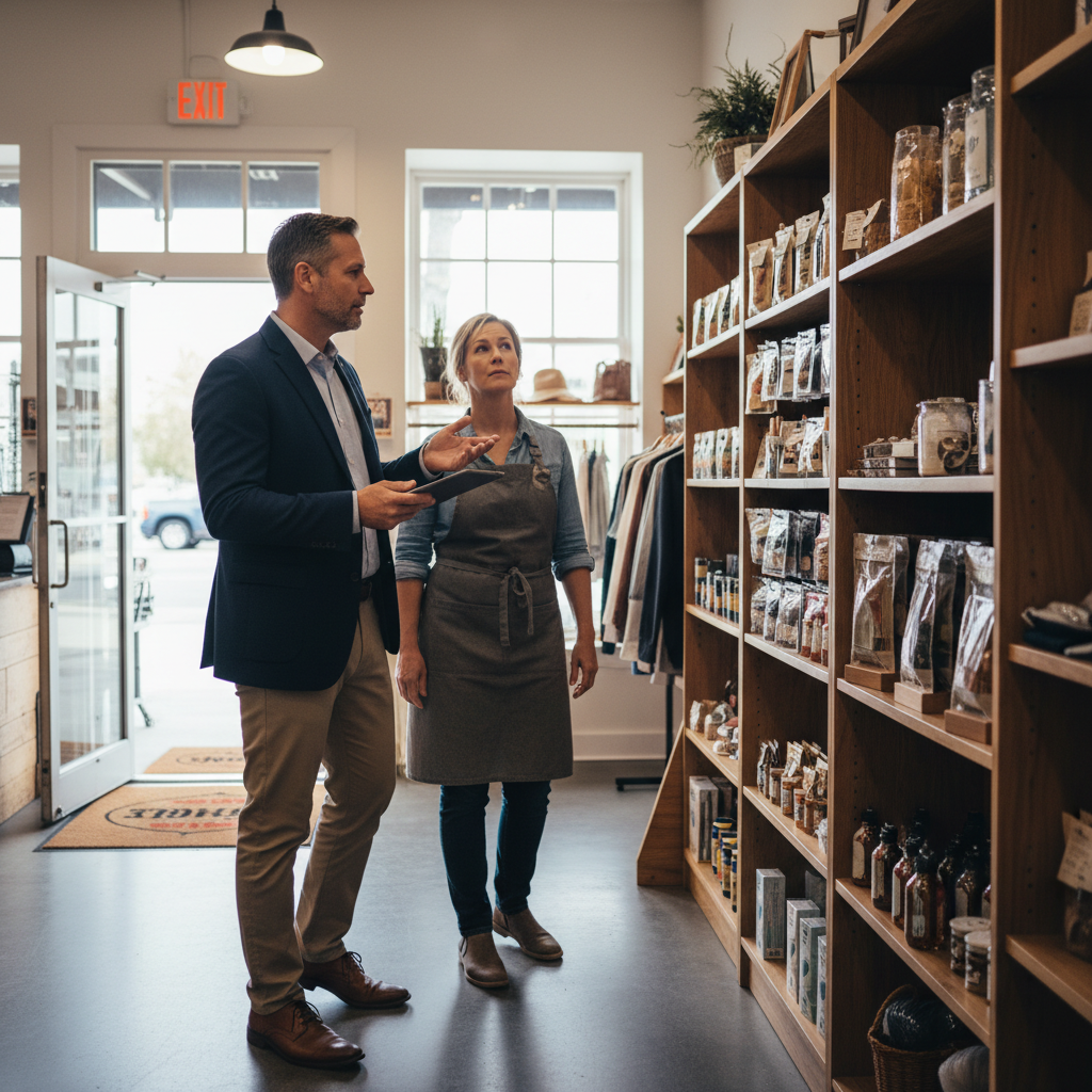 Insurance broker reviewing risk areas inside a small Toronto retail shop