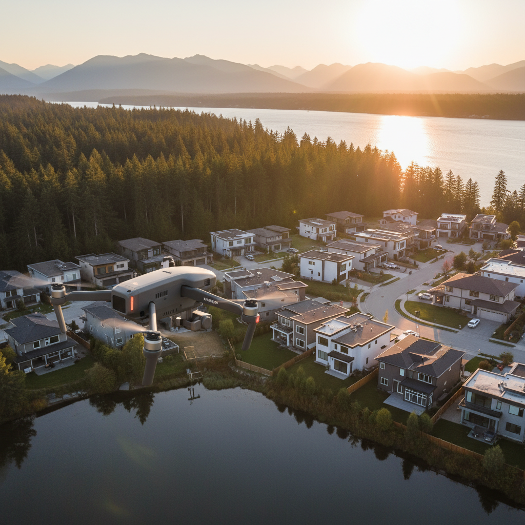 Drone capturing Maple Ridge style suburban neighborhood at golden hour for real estate videography context
