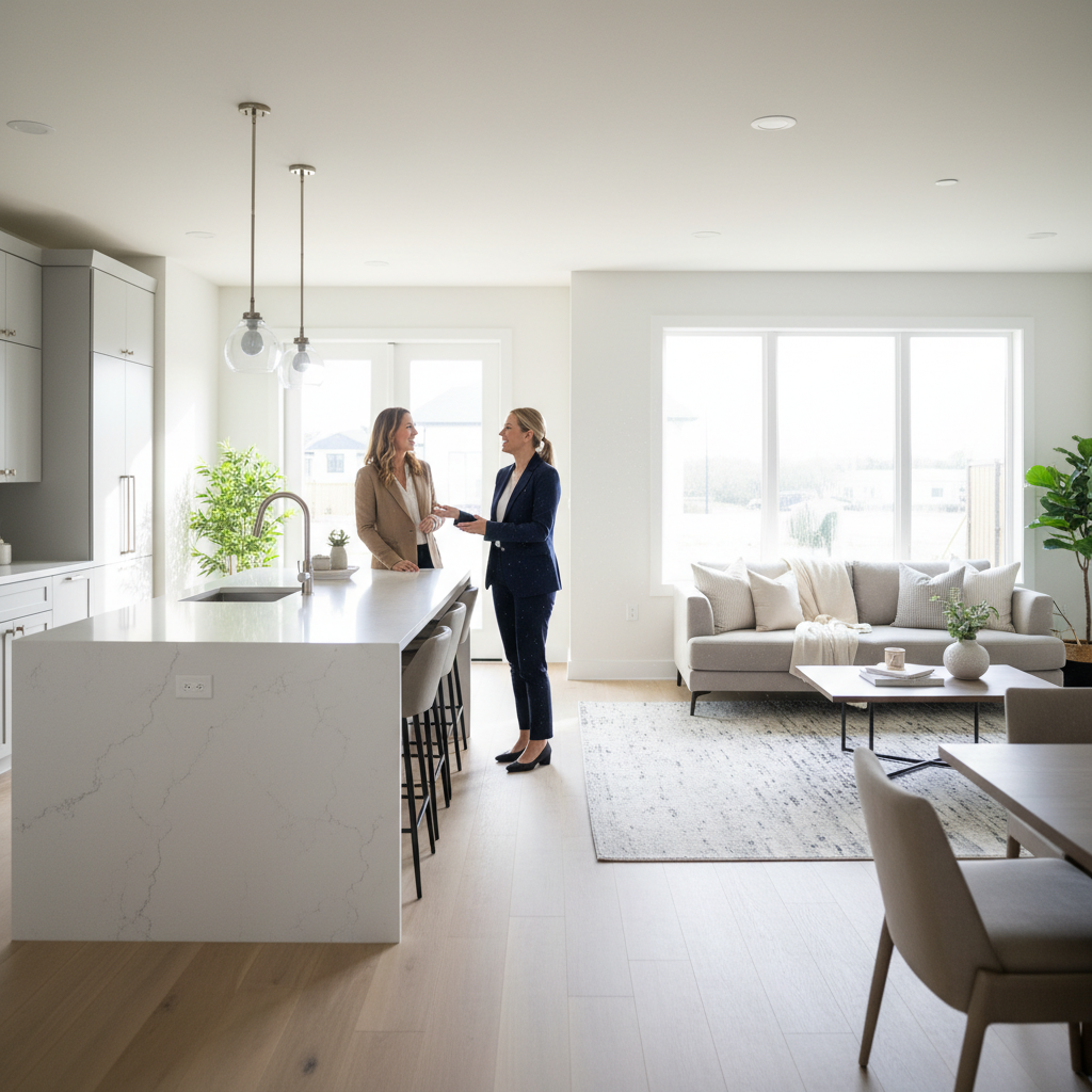 Couple touring a new-build Edmonton home with an agent, evaluating a fresh new listing with open-concept kitchen and living room