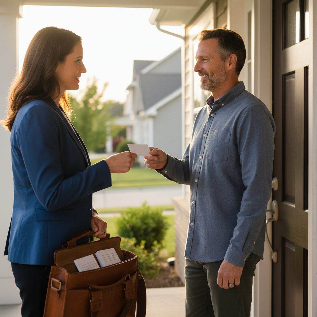Realtor handing a business card at a front door while prospecting with postcards nearby in bag
