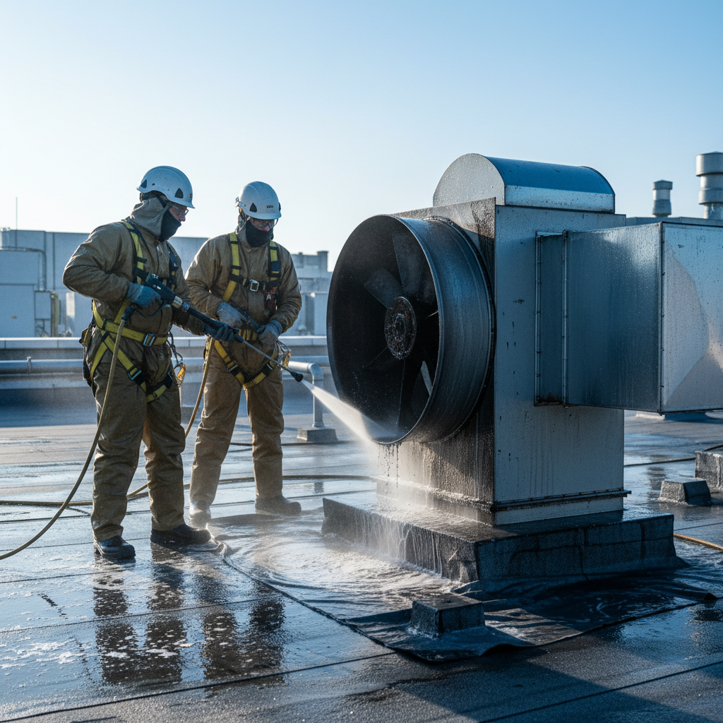 Technician degreasing a rooftop commercial exhaust fan and ductwork during a professional hood cleaning service in Ontario