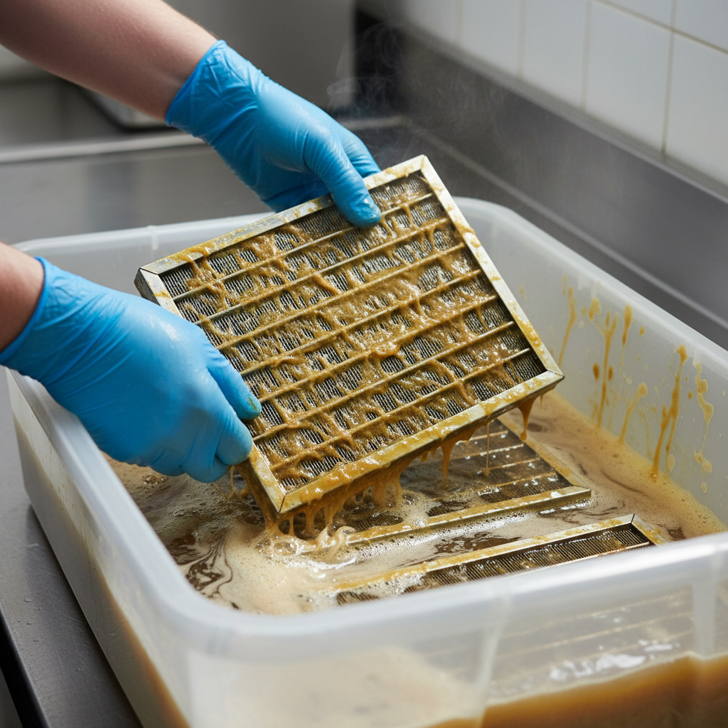 Close-up of extractor baffle filter degreasing during kitchen extractor cleaning in a commercial Ontario restaurant