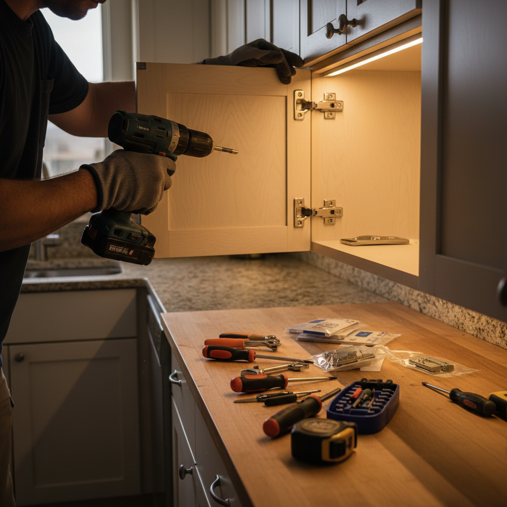 Contractor installing soft-close hinges during cabinet refacing as part of Toronto kitchen upgrade