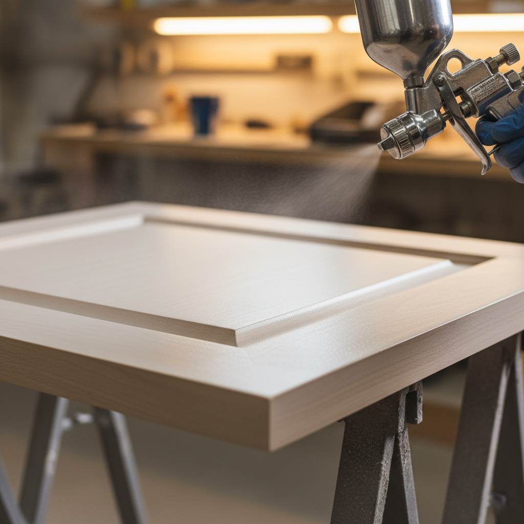 HVLP spray gun applying satin finish during kitchen cabinet refinishing contractors workflow in Toronto