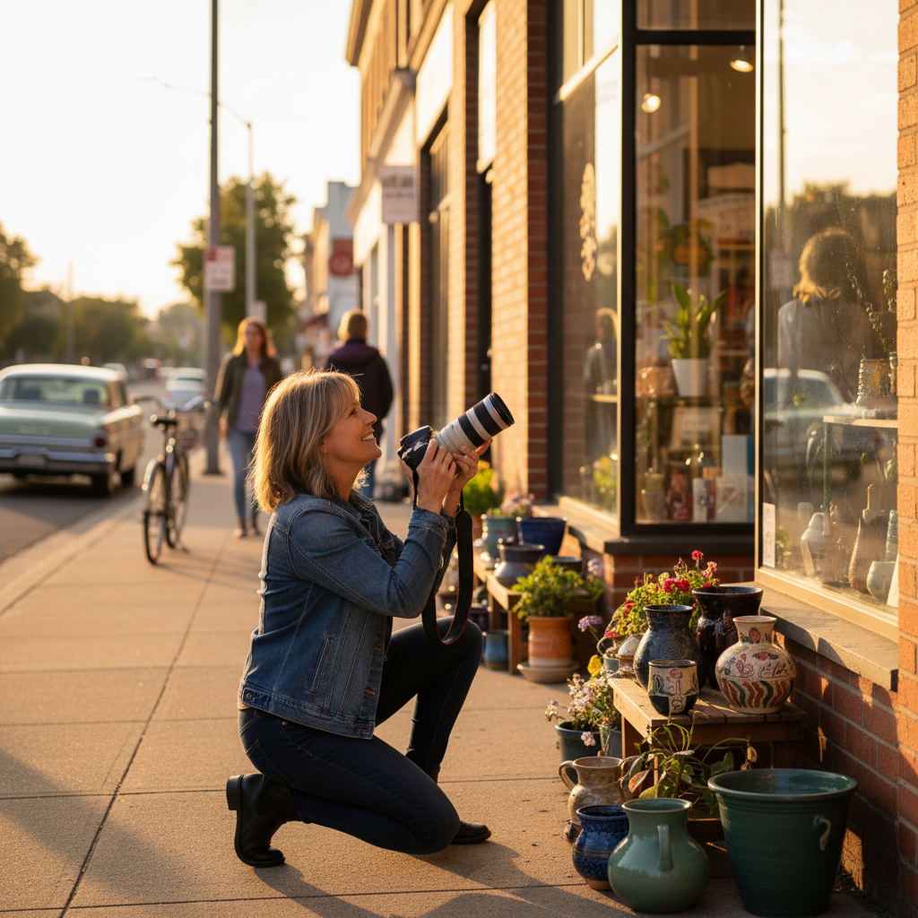 Local shop owner photographing their storefront at golden hour, illustrating local SEO signals for search engine optimization services