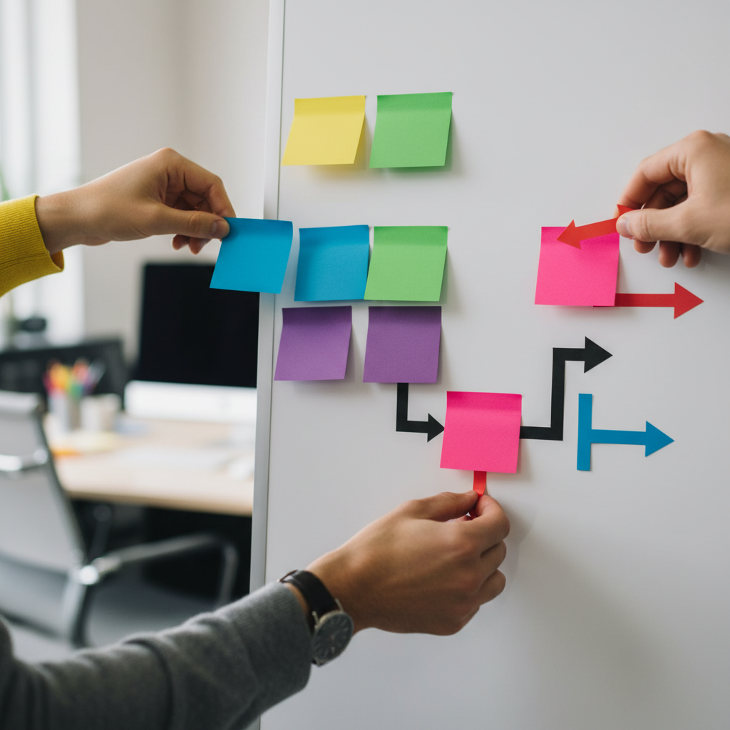 Close-up of hands organizing a website structure plan with blank sticky notes, illustrating how SEO services map pages and internal links