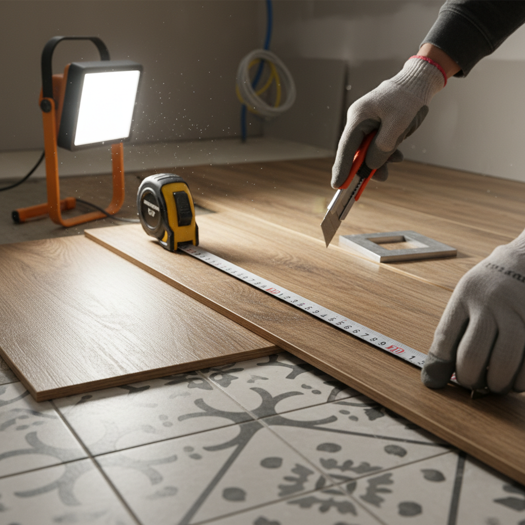 Close-up detail of flooring and tiling transition during apartment turnover, illustrating how to choose a contractor for apartment turnovers with precise installation