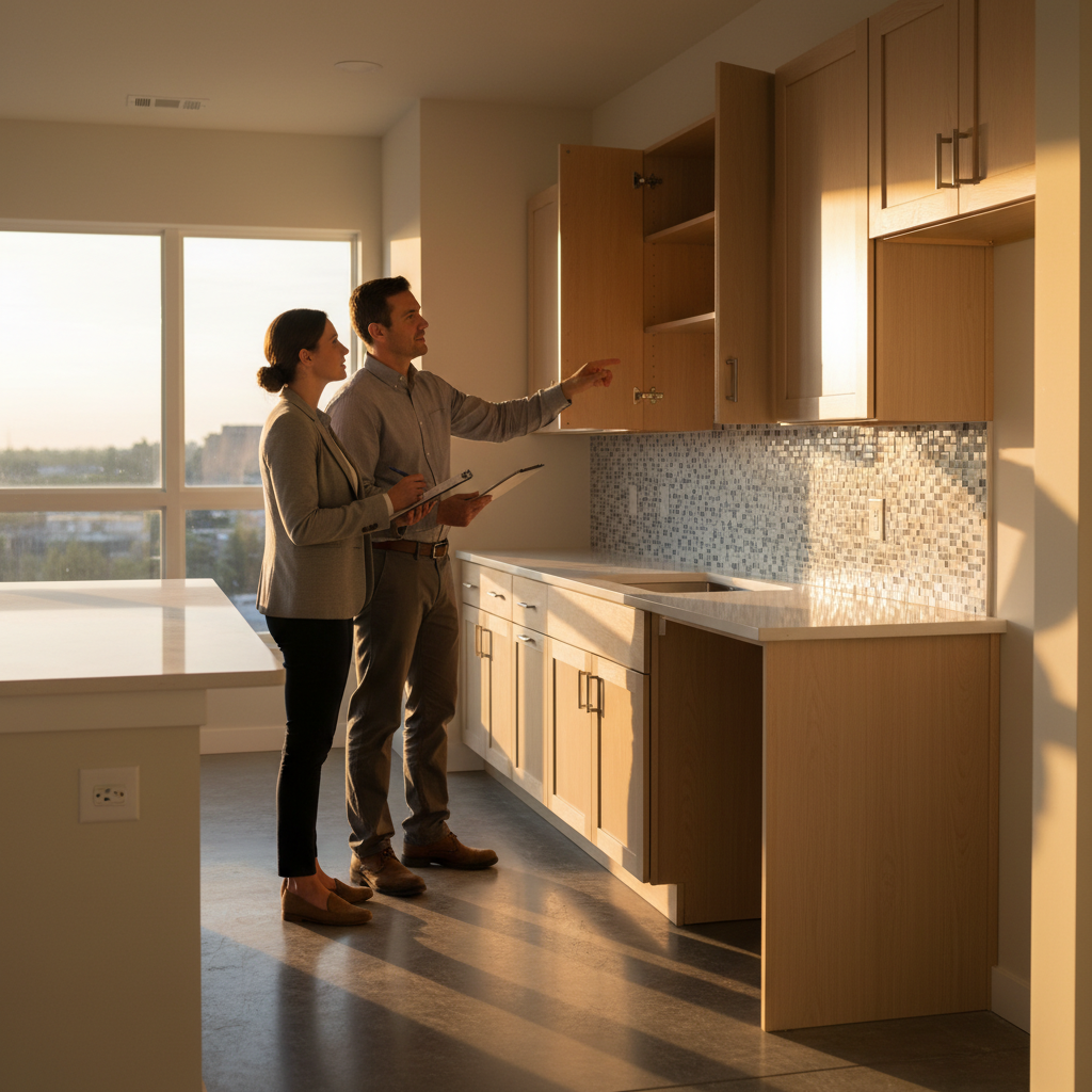 Property manager and contractor during a punch-list walkthrough in a newly remodeled apartment kitchen, relevant to how to choose a contractor for apartment turnovers