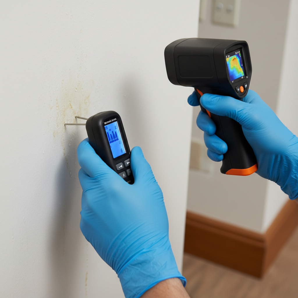 Moisture meter and thermal imaging during mold damage restoration inspection in Ontario home
