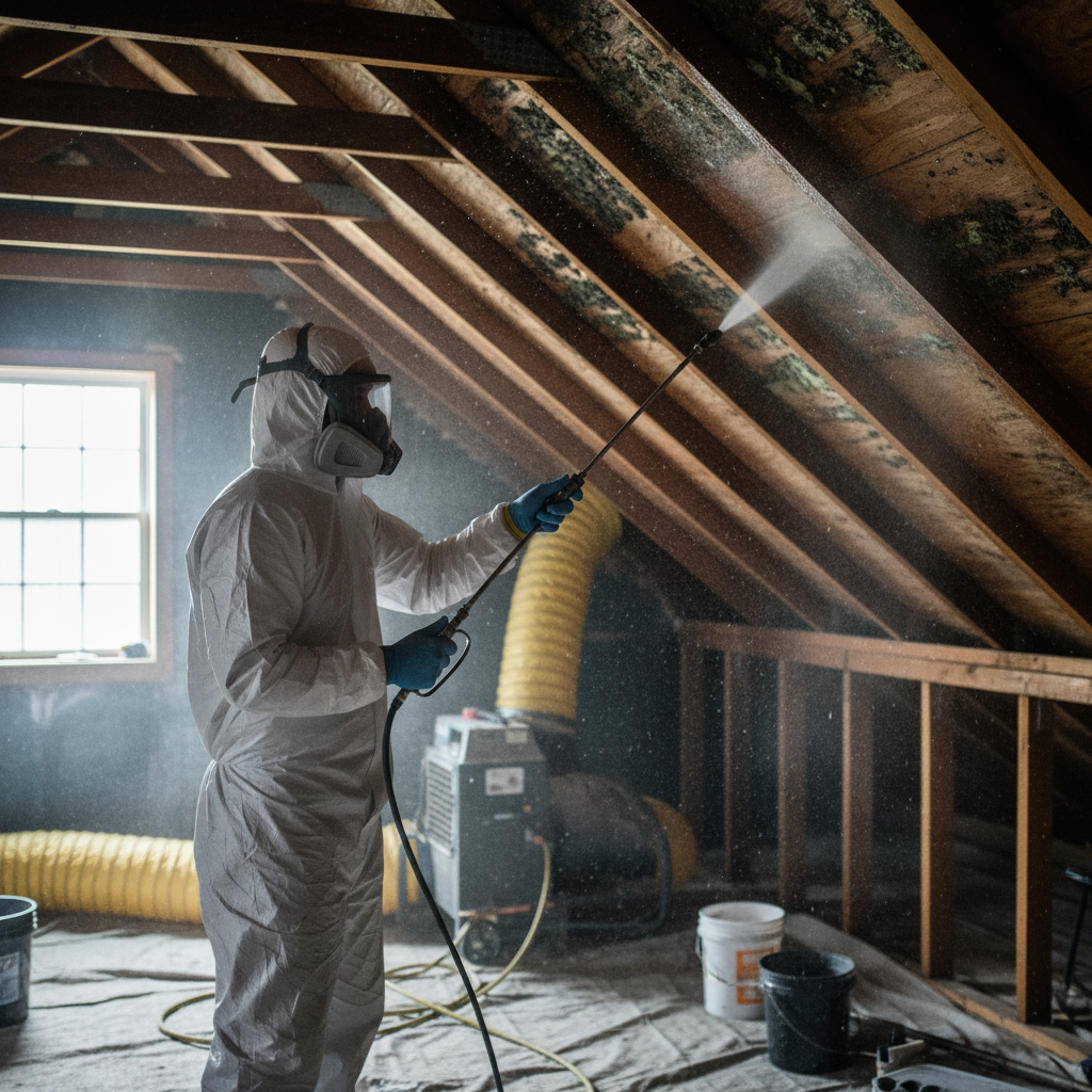 Attic mold remediation with antimicrobial application and negative air ducting in place