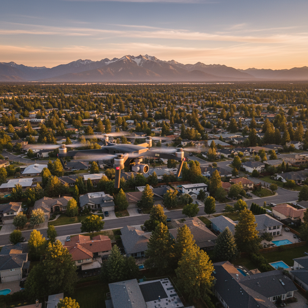 Drone aerial capturing Maple Ridge neighborhood for real estate video context
