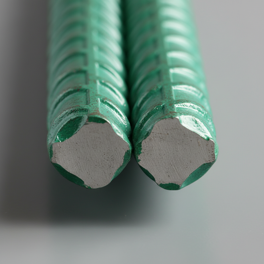 Close-up of epoxy-coated rebar showing ribbed texture for Ontario infrastructure and GTA construction projects