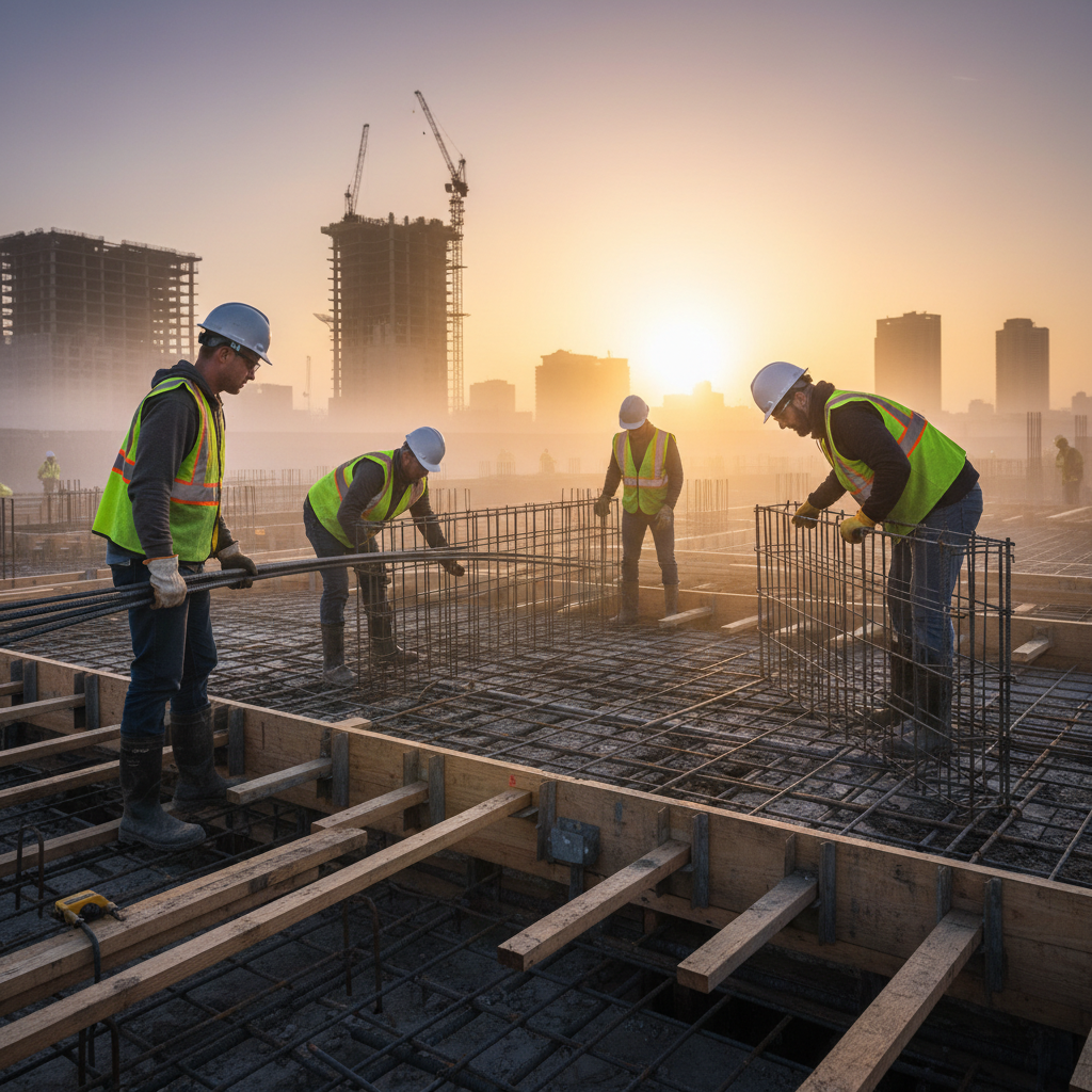 Construction crew placing welded wire mesh and 20m rebar on slab formwork at sunrise in the GTA