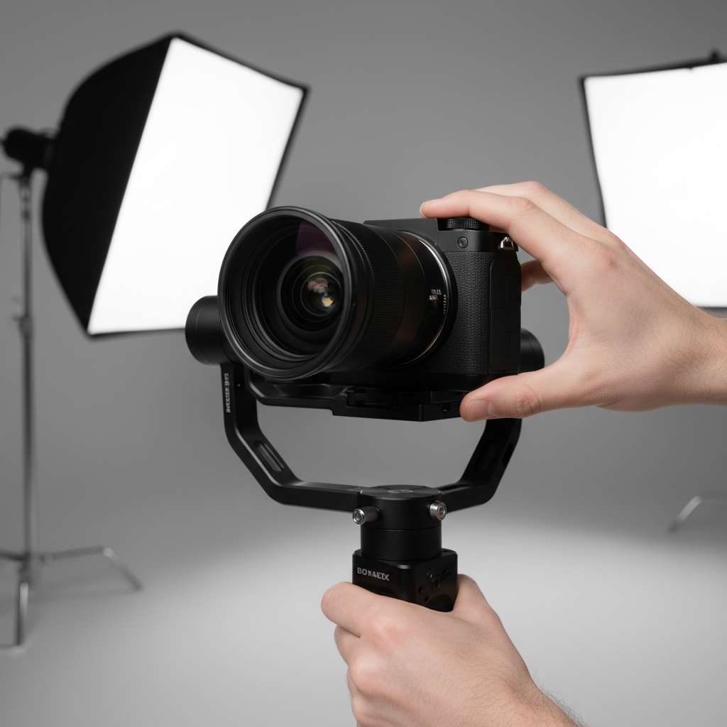 Close-up of gimbal and mirrorless camera used by a realtor videographer for real estate video tours