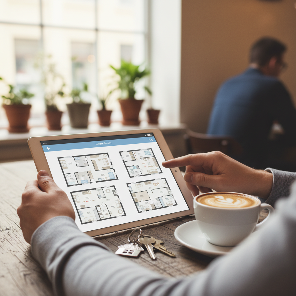 Close-up of a buyer consultation showing a property search on a tablet with floor plans, illustrating how a real estate agent to buy a house uses tools