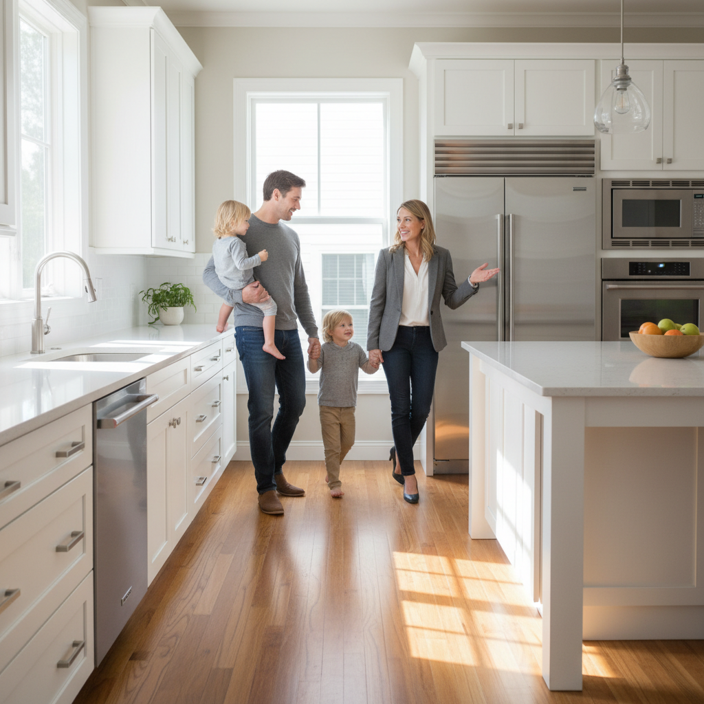 Open house tour in a bright kitchen with an agent guiding a family, showing how a buyer’s agent leads home tours in the Waterloo Region