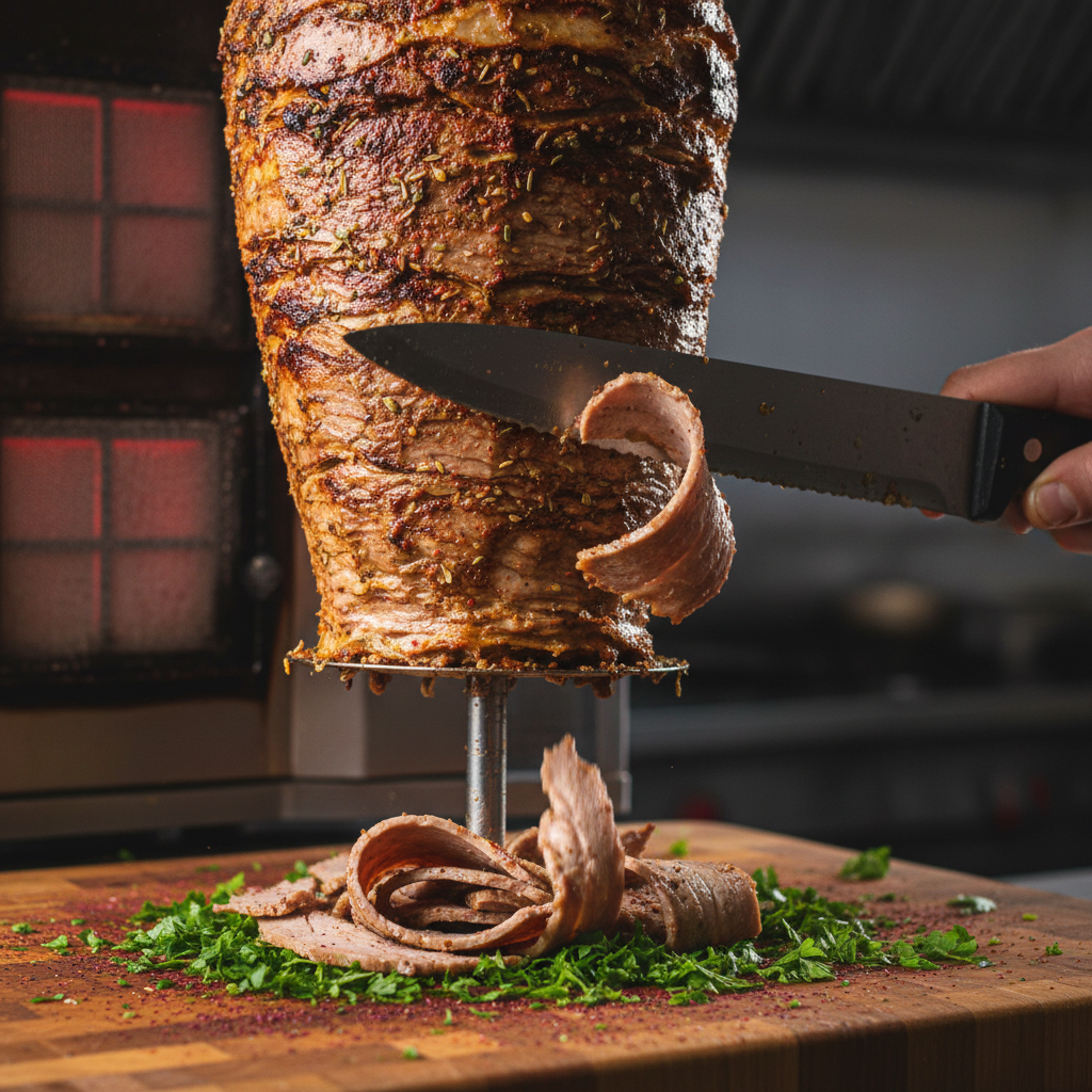 Close-up of authentic shawarma shaved from a rotisserie, showcasing Turkish spices and caramelized edges for Old Toronto Turkish cuisine