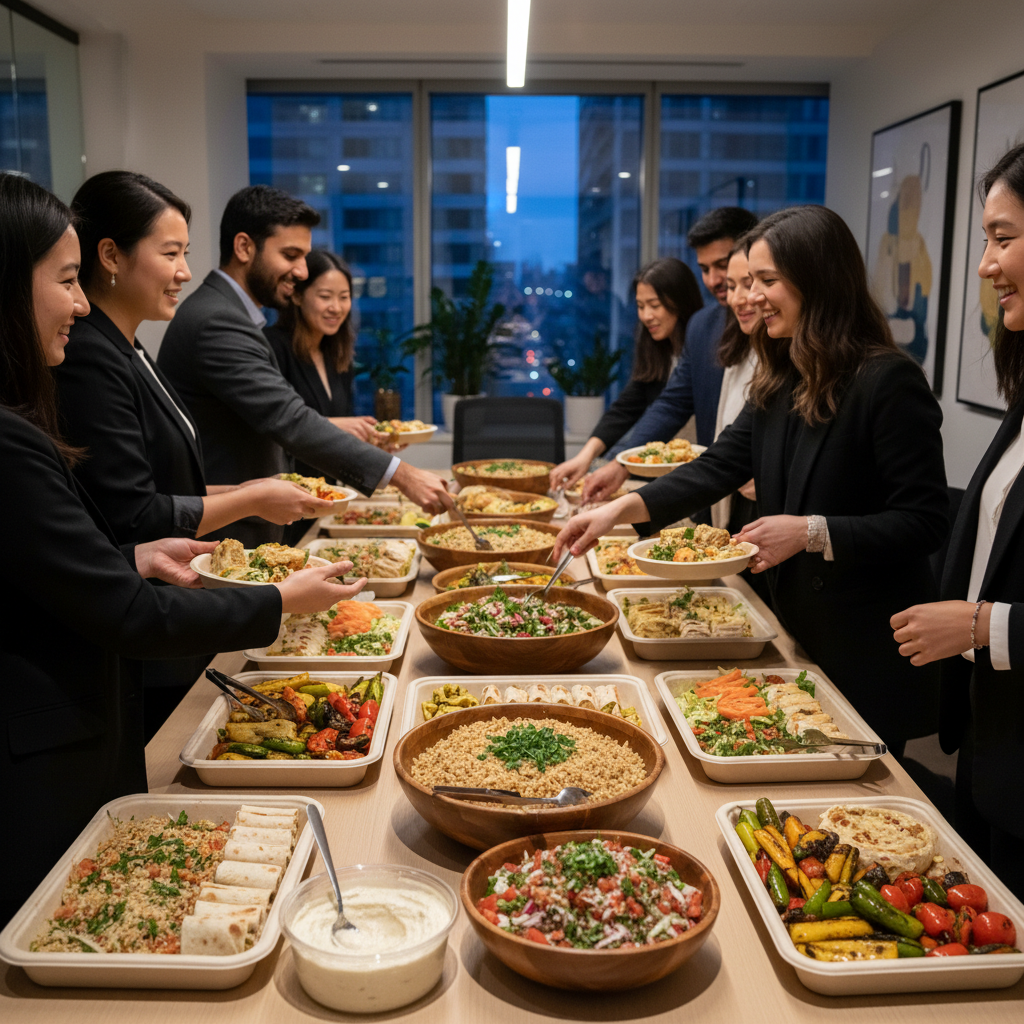 Catering platters of Turkish and shawarma favorites for an Old Toronto office lunch, with wraps, rice, salads, and meze ready to serve