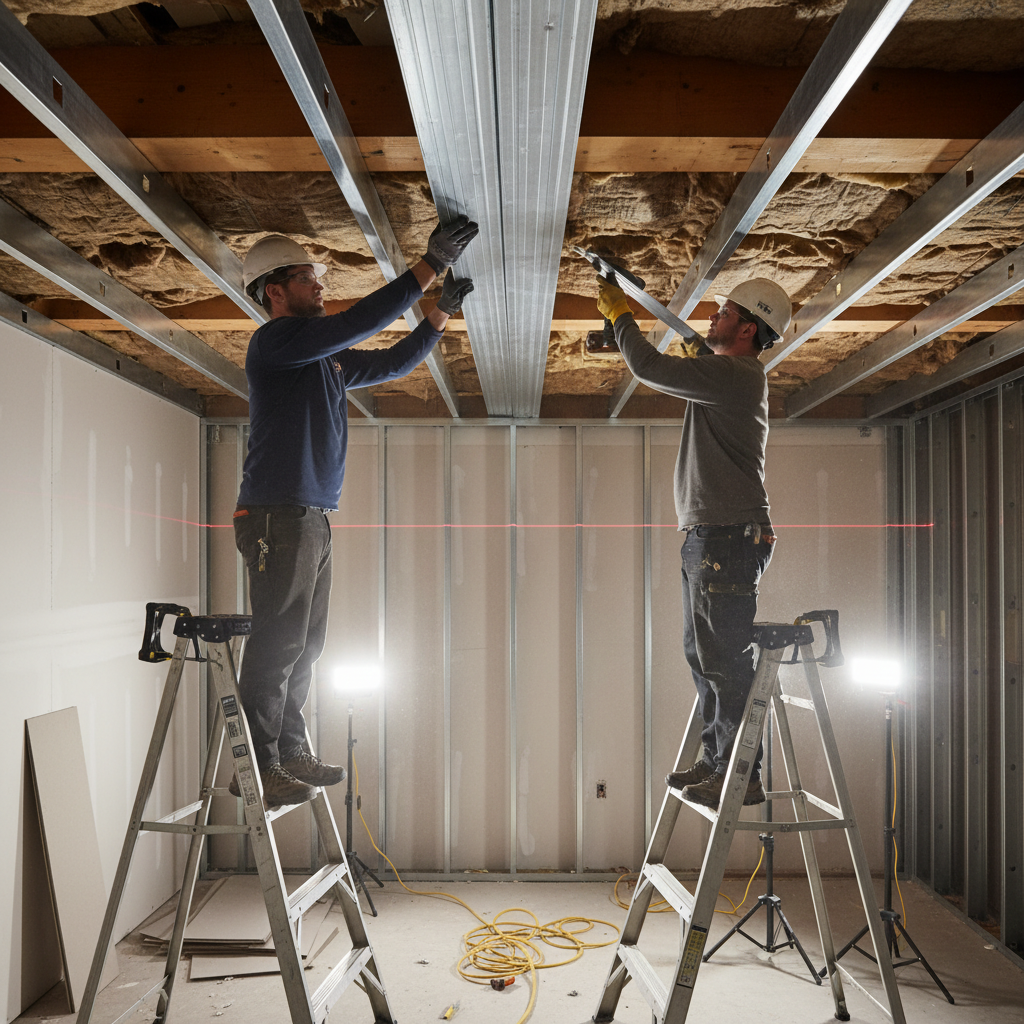 Installers attaching resilient channel to a ceiling over light gauge framing in a sound-sensitive room, demonstrating acoustic best practices