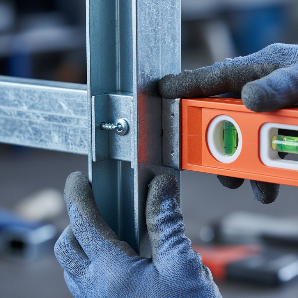 Close-up of light gauge metal framing stud in track with bridging channel and self-drilling screw, illustrating precision interior framing