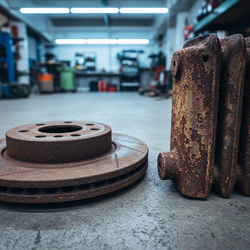 Close-up of scrap iron items: cast iron brake rotors and a section of old radiator for ferrous recycling