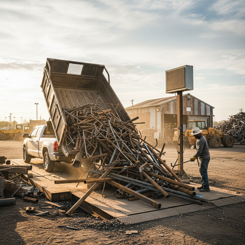 Pickup truck unloading mixed ferrous scrap at an Etobicoke scrap yard scale house