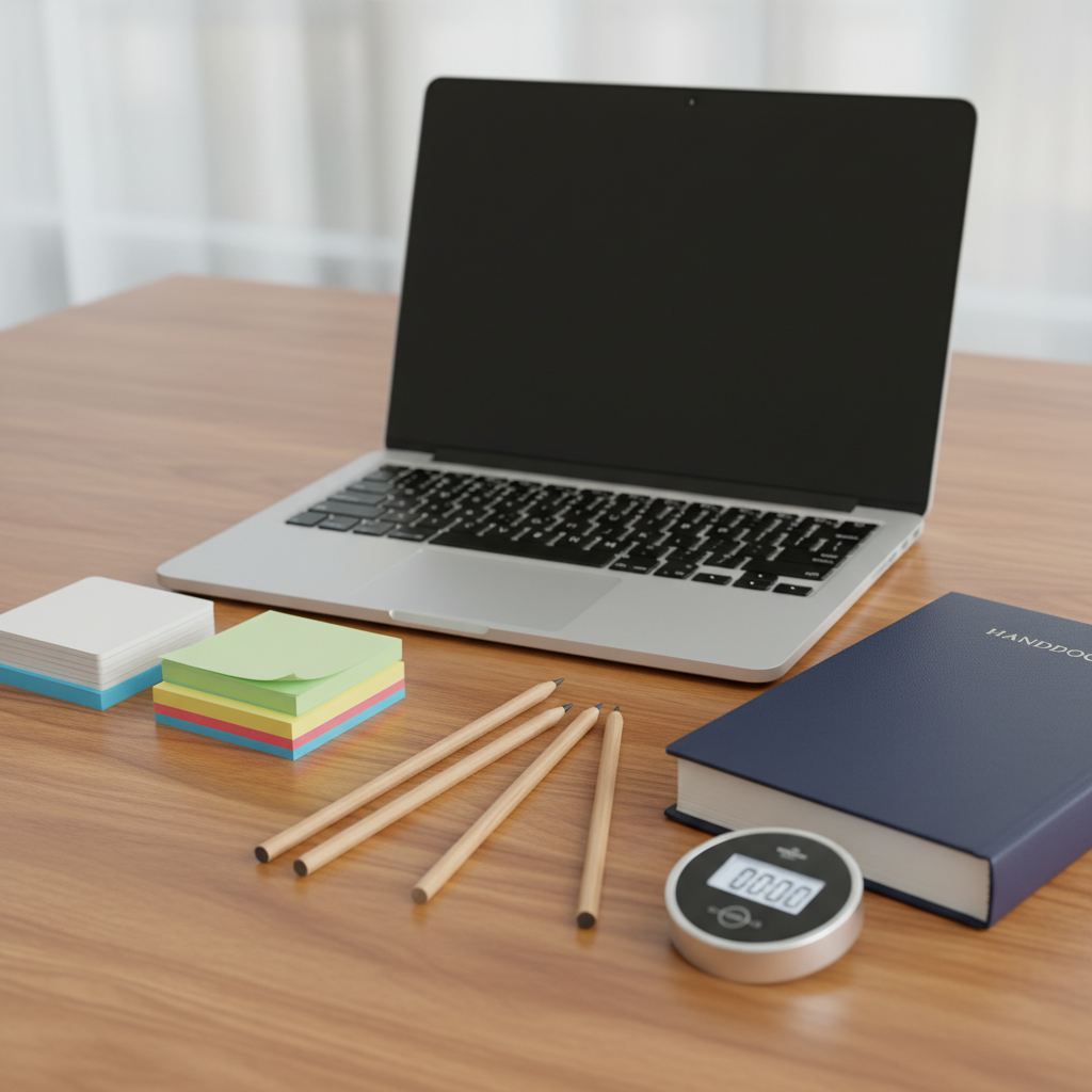 Study setup for PMI-ACP vs PMP preparation with laptop, flashcards, and timer in a clean workspace