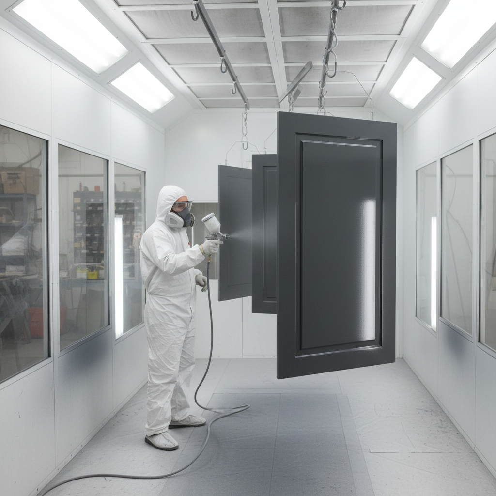 Cabinet Makeover: 7 Easy Fixes for a Fresh New Style 2 Professional spray booth finishing for cabinet makeover doors at a Brampton factory