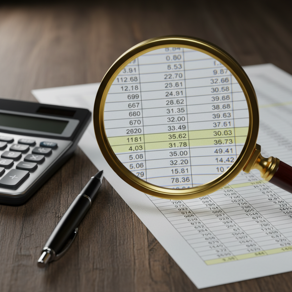 Close-up detail of forensic accounting review using magnifying glass over spreadsheet to spot anomalies and fraud indicators