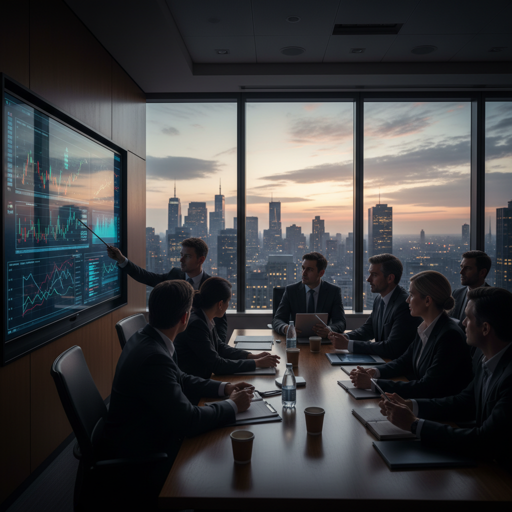 Executive boardroom scene discussing a forensic accounting investigation with charts on screen and Sydney skyline in background