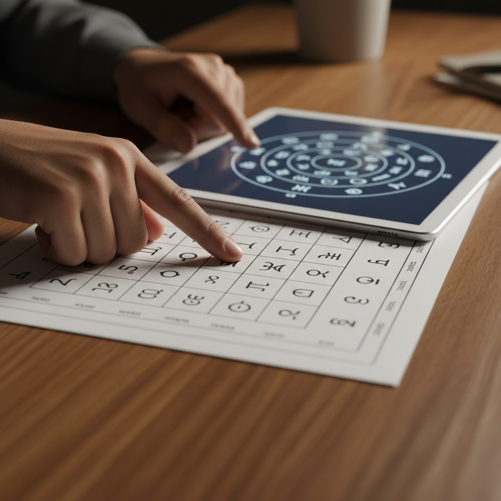 Close-up of a Vedic astrology compatibility chart being reviewed with a digital natal chart, illustrating how accurate an astrology compatibility chart can be when validated