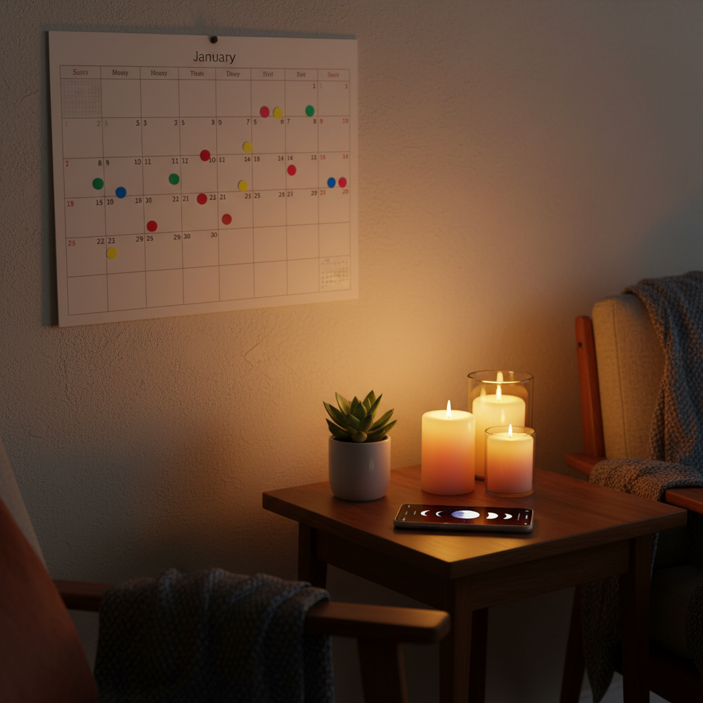 Timing and moon phase planning beside a calendar, showing how muhurat and transits augment an astrology compatibility chart