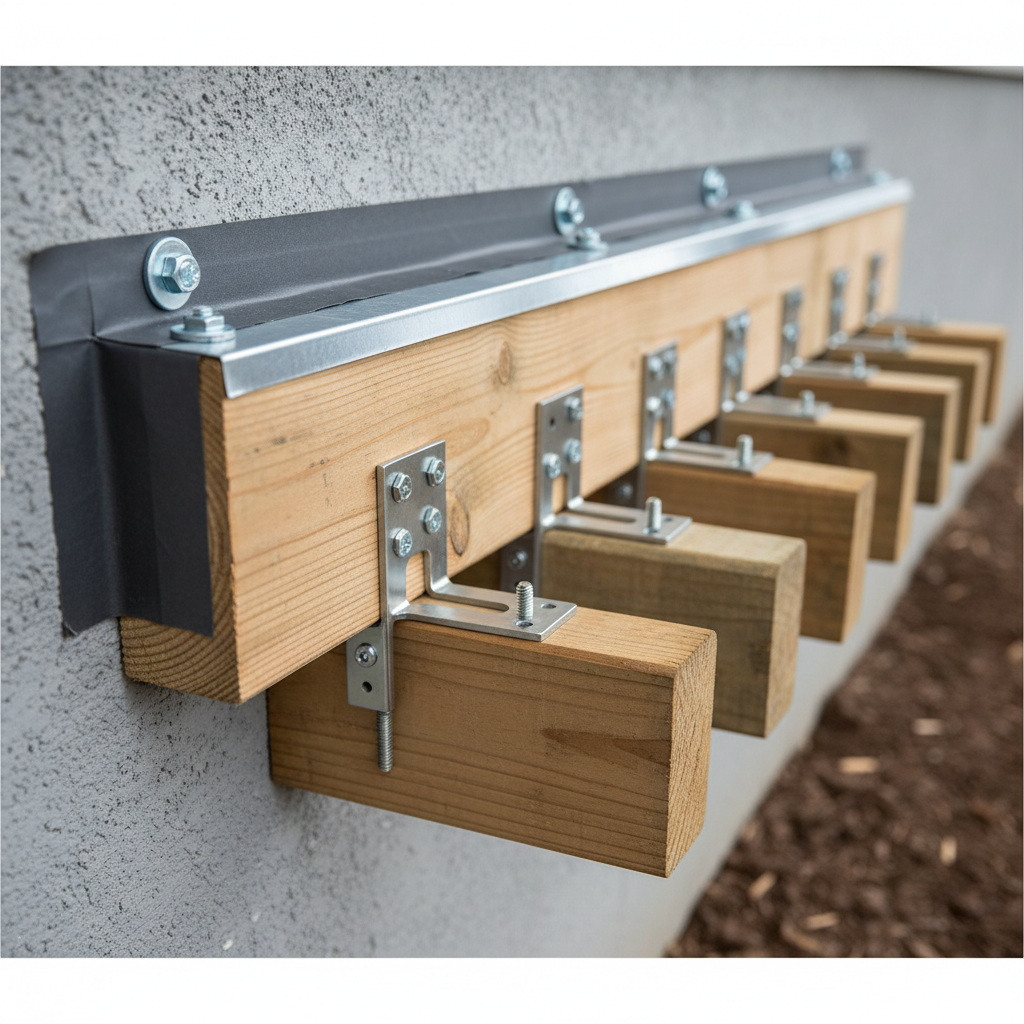 Close-up of deck ledger flashing, joist hangers, and pressure-treated framing showing how to plan a deck build with proper water management