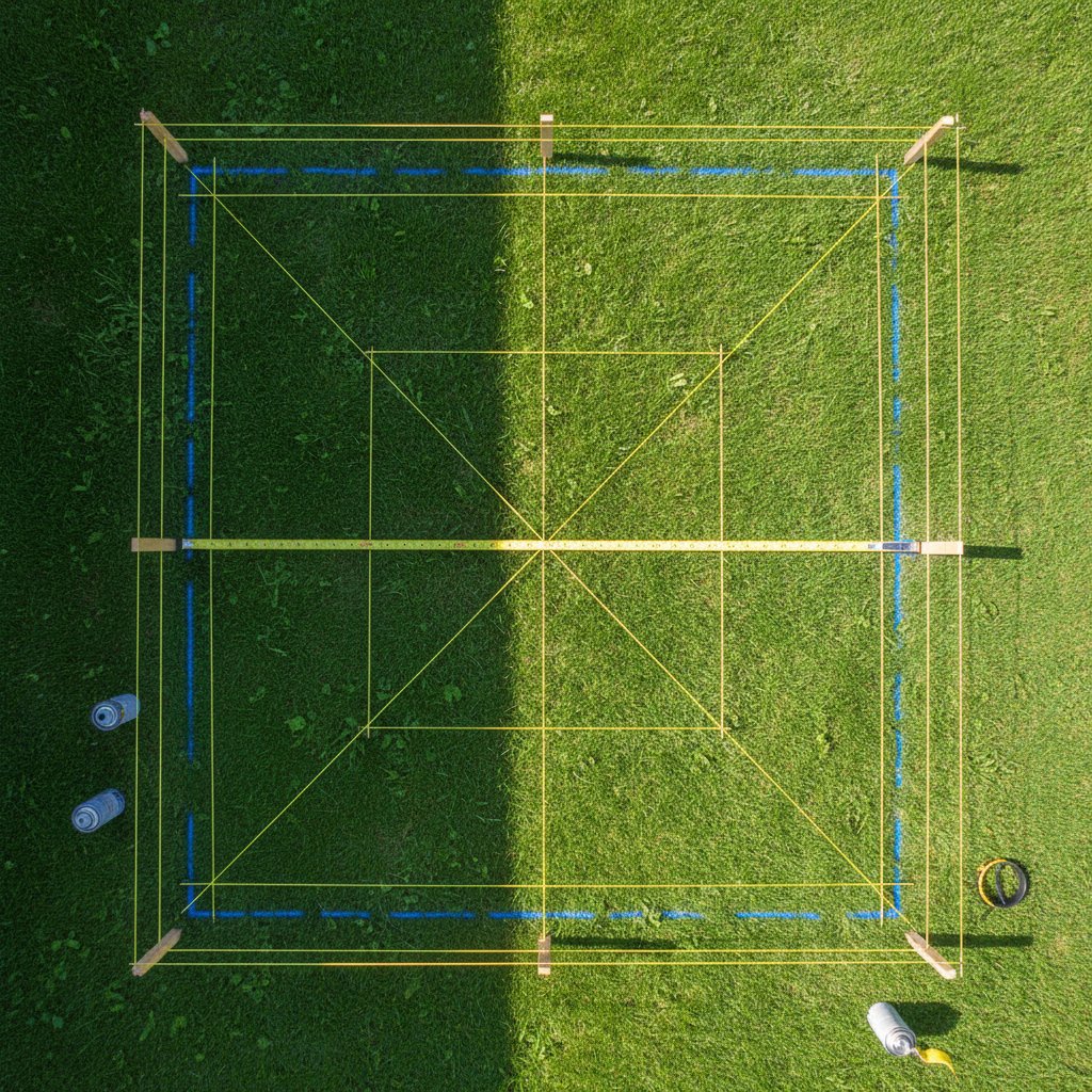 Overhead view of deck layout planning with string lines, stakes, and tape measure on lawn for a Mississauga backyard