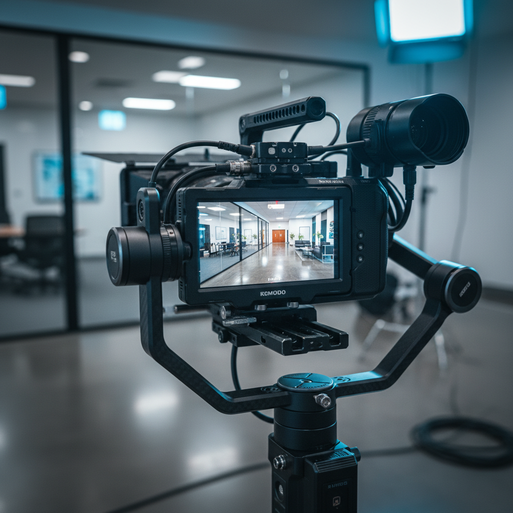 Cinematic camera on gimbal filming commercial office lobby walkthrough for commercial real estate videography in Greater Vancouver